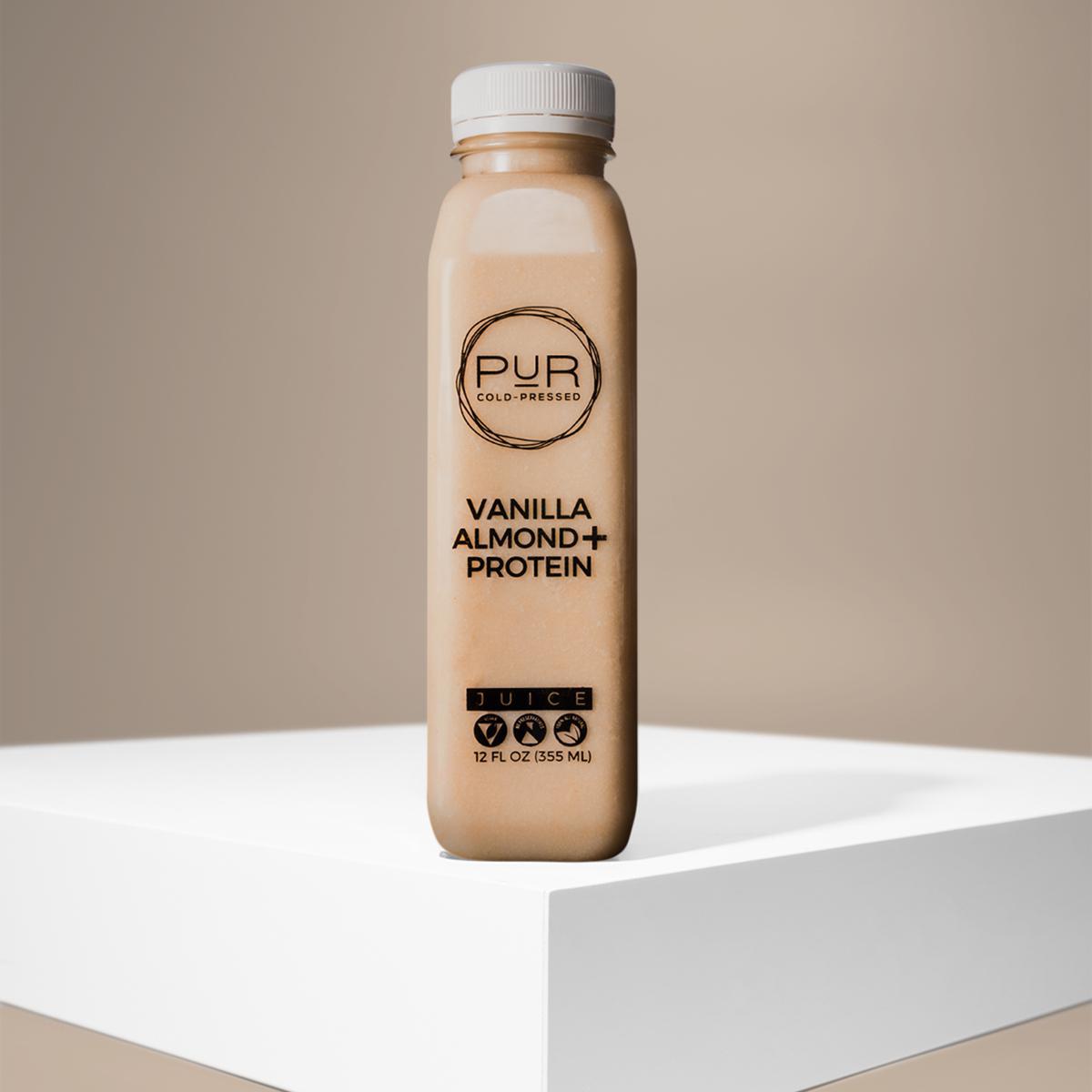 PUR juice cleanse cold pressed juice VANILLA ALMOND + PROTEIN - ALMOND MILK Almond Milk with Protein | Rich Vanilla Flavor | PUR Individual Protein Plant Based Mylk